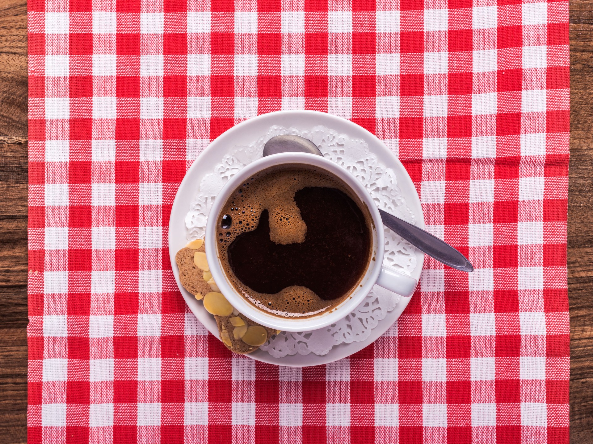 Tavern restaurant table with traditional black coffee cup top view